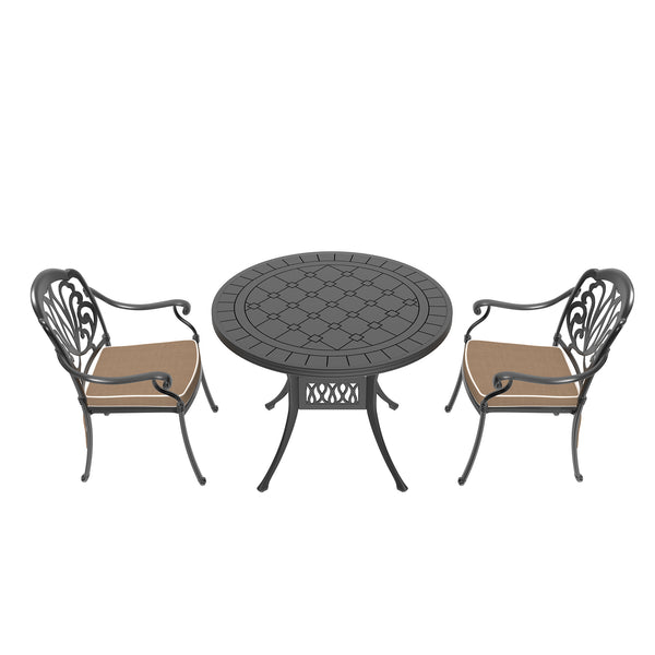 English Elm 3-Piece Elegant Cast Aluminum Patio Set With Plush Brown Cushions For Stylish Outdoor Living W1710S00067