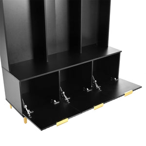 English Elm ON-TREND Modern Hall Tree with Bench and Shoe Storage, High Gloss Fluted Doors, Gold Accents, 75"H Black+Gold N721P180460B