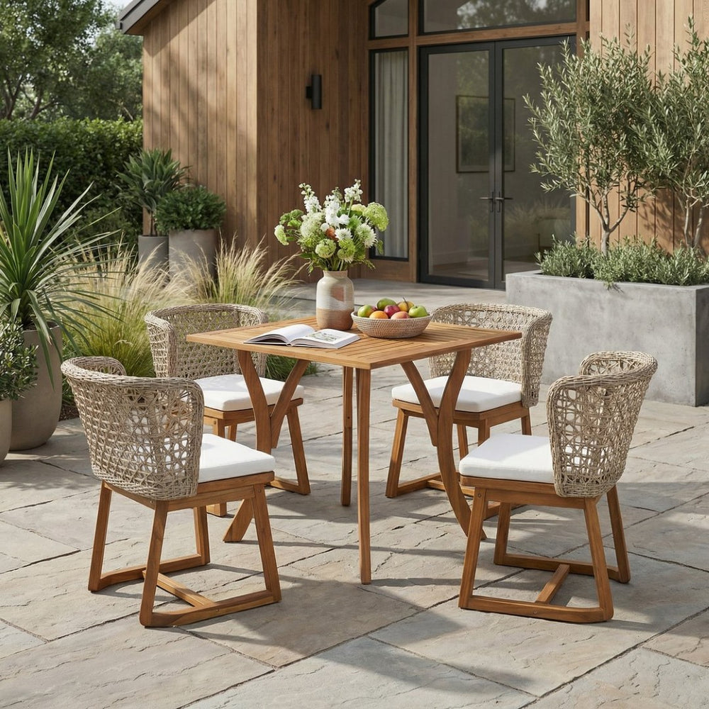 English Elm 5-piece Acacia Wood Outdoor Dining Set with Wicker Back Chairs Teak Patio Garden N773OD00138B