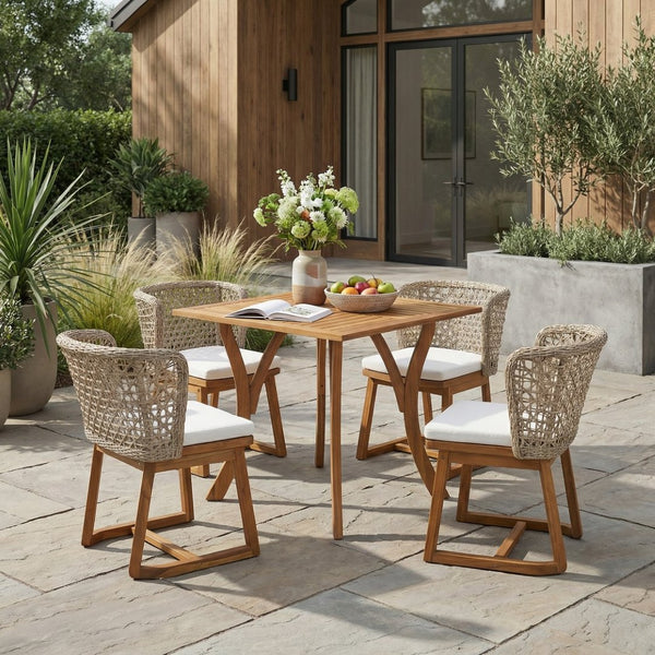 English Elm 5-piece Acacia Wood Outdoor Dining Set with Wicker Back Chairs Teak Patio Garden N773OD00138B