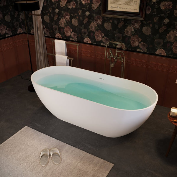 English Elm 59" Solid Surface Freestanding Soaking Tub Oval Sculpted Matte White Spa Bath W1573P175002