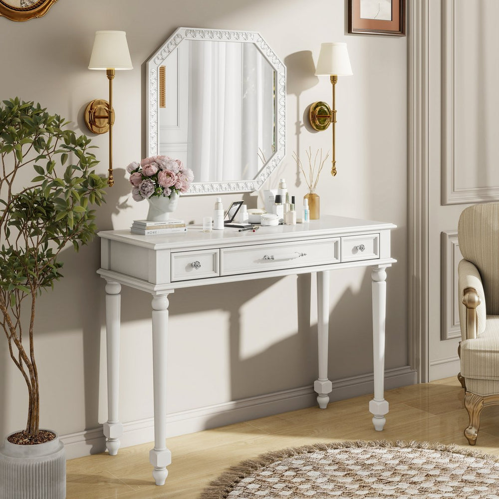 English Elm Retro Octagonal Mirror Vanity Desk with Velvet Jewelry Tray, 3 Carved Drawers, Elegant White Console Table (43.6") N844P292482A