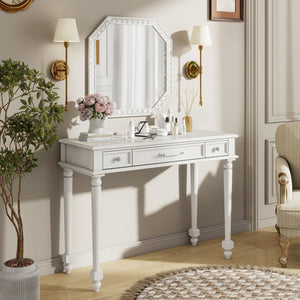 English Elm Retro Octagonal Mirror Vanity Desk with Velvet Jewelry Tray, 3 Carved Drawers, Elegant White Console Table (43.6") N844P292482A