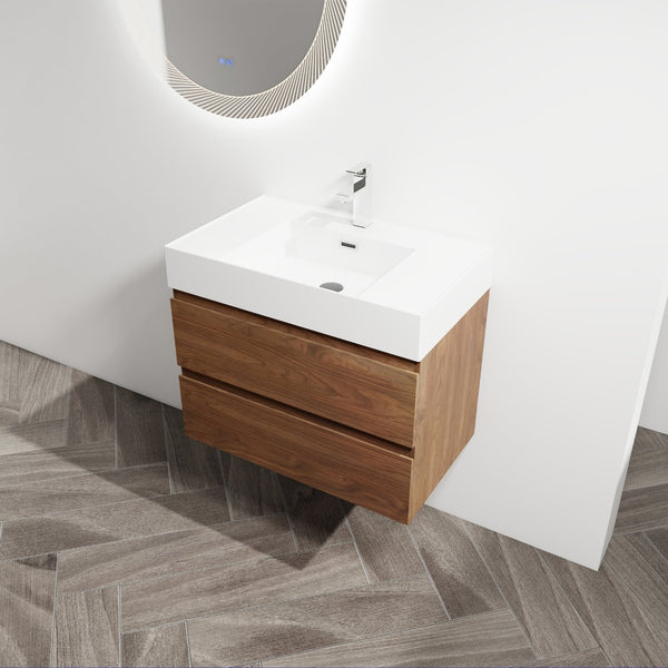 English Elm 30" Wall-Mounted Bathroom Vanity With Resin Sink, Soft-Close Drawers & Eco-Friendly Design Options W999S00200