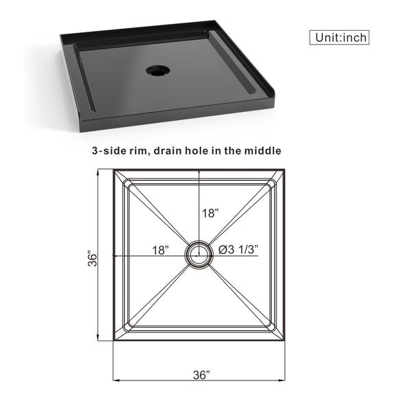 English Elm Goodyo 36"x36" Shower Base 3.5" High Anti-Slip Acrylic Center Drain Single Threshold Basin Black D163114243