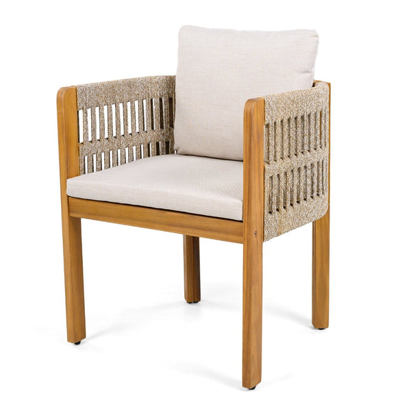 English Elm Acacia Wood Outdoor Dining Chair Set with Rope Arms and Waterproof Cushions N779P279983M
