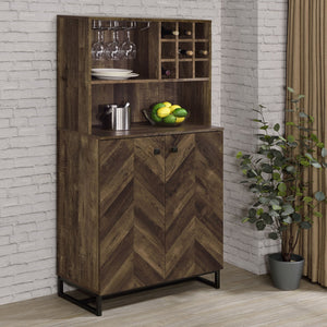 English Elm Harlie Rustic Oak Herringbone Wine Cabinet with Black Metal Accents, Glassware Storage, 62.5"H B062P351439