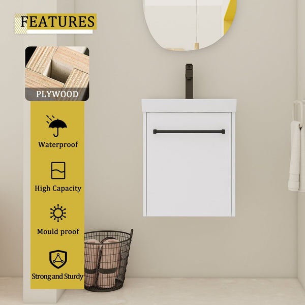 English Elm 18'' Floating Wall-Mounted Bathroom Vanity with Ceramic Sink, Soft-Close Door & Space-Saving Design Glossy White W999P236348