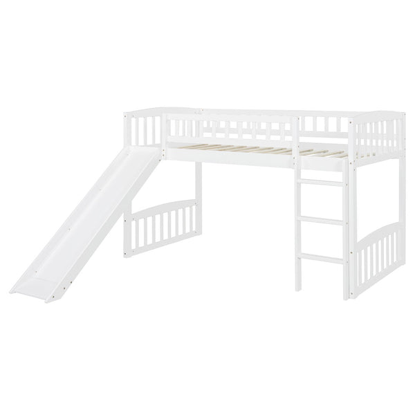 English Elm Twin Loft Bed with Built in Slide Ladder Pine Wood Frame Kids Bedroom White N708P242135K