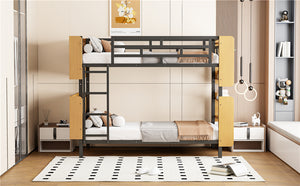 English Elm Twin Metal Bunk Bed with Built-In Headboard Storage and Footboard Shelves, Sturdy Space-Saving Design Black SF000176AAB