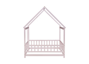 English Elm Full Size House Floor Bed With Roof Frame & Guardrails - Cozy Pink Wooden Design For Kids W504P286410