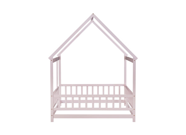 English Elm Full Size House Floor Bed With Roof Frame & Guardrails - Cozy Pink Wooden Design For Kids W504P286410