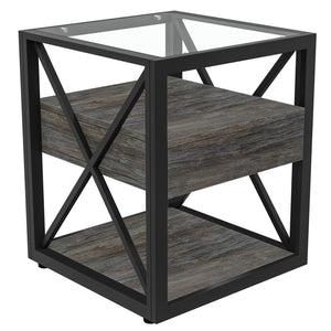 English Elm 1 Modern End Table With Drawer - Industrial Rustic Wood & Glass Nightstand, Compact Storage Solution W241P246916