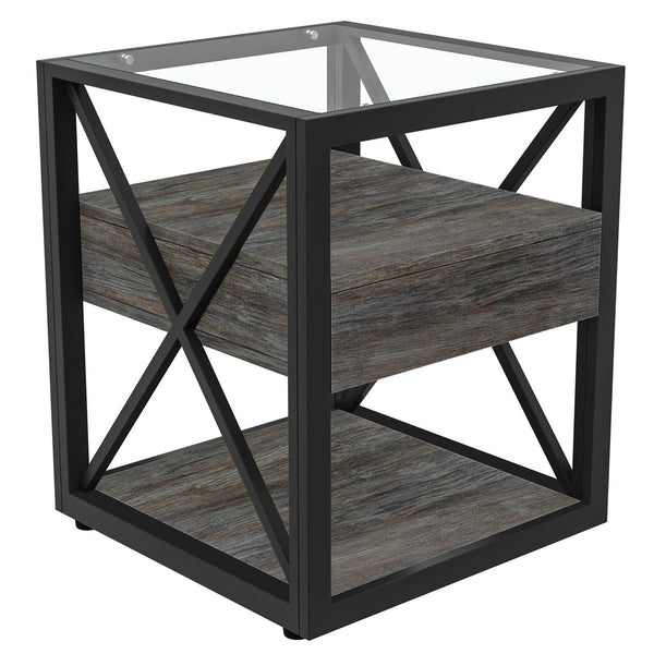 English Elm 1 Modern End Table With Drawer - Industrial Rustic Wood & Glass Nightstand, Compact Storage Solution W241P246916