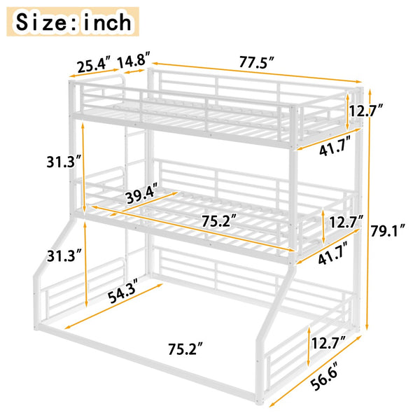 English Elm Twin Triple Metal Bunk Bed Matte Powder Coated Frame with Full Safety Guardrails Light White W1580S00585