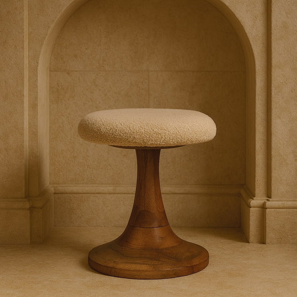 English Elm Artisan Boucle Mango Wood Accent Stool Handcrafted Teak Finish for Living Room B182P440554