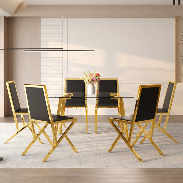 English Elm Table Set Oval Tempered Glass Top with Six Shell Back Pu Chairs Modern Dining Room Black+Gold,Transparent W1151S04791