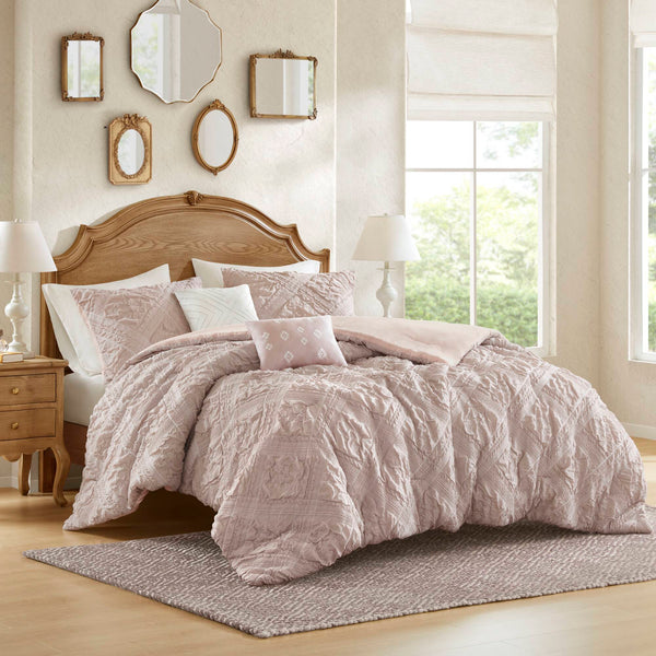 English Elm 5-Piece Sculpted Jacquard Comforter Set Full/Queen with Plush Polyester Fill, Elegant Texture Pink 12.99 L x 17.01 W x 6.5 H B035P408222
