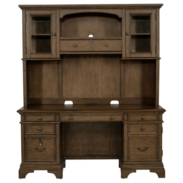 English Elm Stigham Burnished Oak 5-Drawer Credenza & Hutch Set - Elegant Workspace With Power & Storage Solutions B062S00801-GIGA