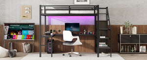English Elm Full Xl Metal Loft Bed With L-Shaped Desk, Usb Ports & Led Light - Ideal Space-Saving Solution! W1580S00047