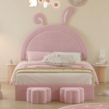 English Elm Full Size Upholstered Rabbit-Shape Bed With 2 Storage Stools, Velvet Platform Bed With Cartoon Ears Shaped Headboard, Pink