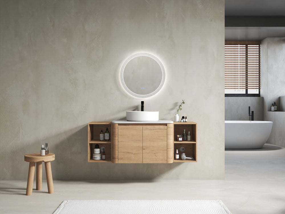 English Elm 54'' Elegant Wall-Mounted Bathroom Vanity With Ceramic Vessel Sink, Soft-Close Doors & Storage Shelves W999S00414
