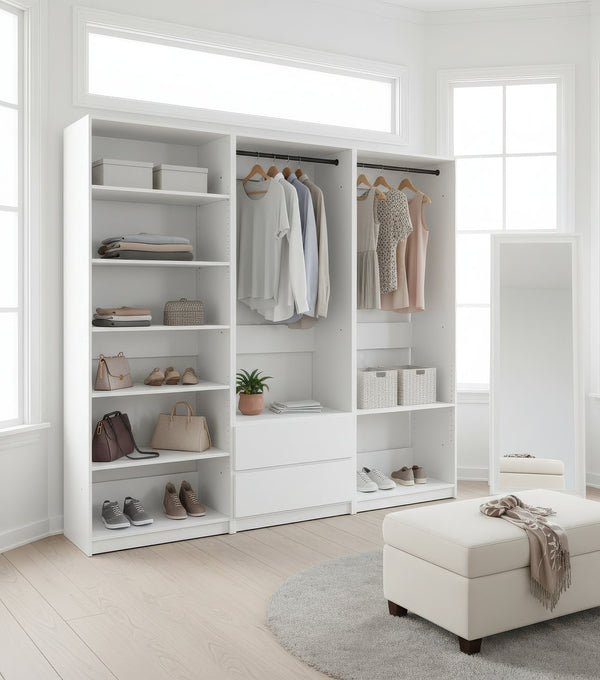 English Elm Prosper White Freestanding Walk-In Wood Closet System — Modular Oak Finish, Durable Melamine, Easy Assembly B040S00146