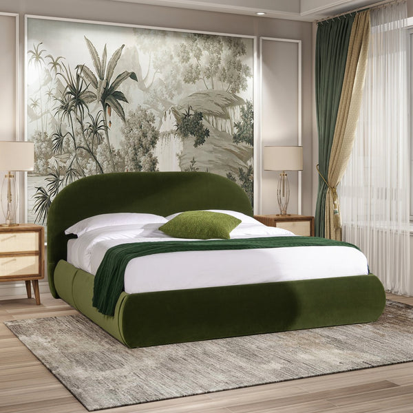 English Elm Jennifer Taylor Home - Archie Olive Green Puffy Grounded Upholstered Platform Bed — Velvet Arch Headboard, No-Box Spring Needed B2719P238215