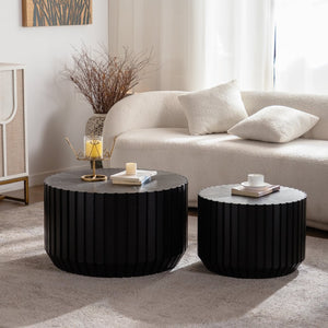English Elm Set of 2 Fluted Round Nesting Tables Matte Black Solid Wood Living Room Accent W3158P395513