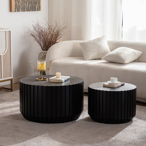 English Elm Set of 2 Fluted Round Nesting Tables Matte Black Solid Wood Living Room Accent W3158P395513