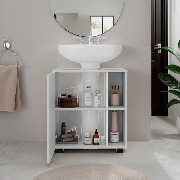 English Elm White Pedestal Sink Cabinet with Hidden Compartment and Five Open Shelves — Space-Saving Modern Bath Storage Organizer, 24.4"W x 21.7"H x 16.3"D B062P380061