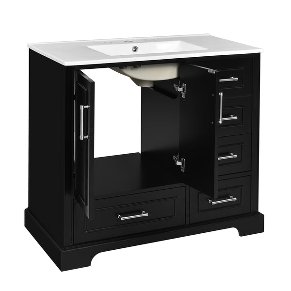 English Elm 36" Traditional Bathroom Vanity with Ceramic Sink, Solid Wood Cabinet, Soft-Close Doors & Drawers Black N729P251630B