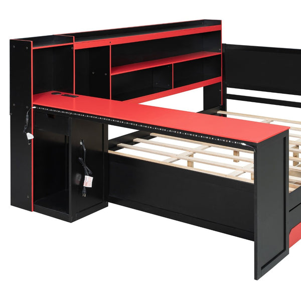English Elm Queen Gaming Bed Frame with Desk Led Lighting Storage Drawers and Bookcase Headboard Black+Red LP000290AAJ