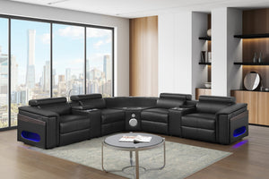 English Elm Nova Tech Sectional with Led Bar Bluetooth Speakers Power Recliners and Freezer Console Black B009S02165