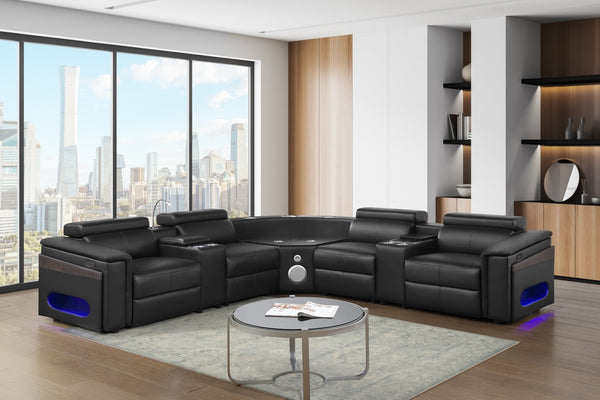 English Elm Nova Tech Sectional with Led Bar Bluetooth Speakers Power Recliners and Freezer Console Black B009S02165