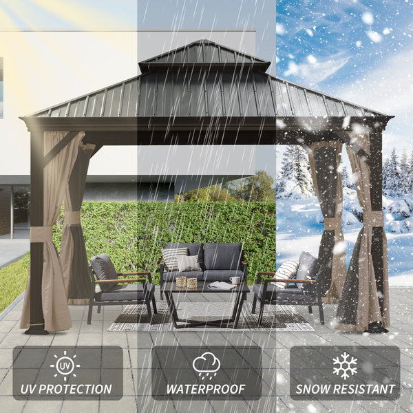 English Elm 12' X 12' Hardtop Gazebo with Drainage System, Dual-Layer Galvanized Roof, Curtains & Mosquito Netting Brown W1859S00138