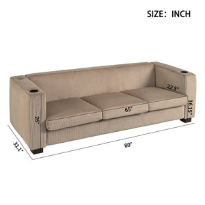 English Elm Christopher Knight Home® - BEIGE Solid Wood 3-Seater Sofa with USB Ports & Cup Holders, Plush High-Density Foam Comfort, Durable Frame Light Coffee N770P283026L
