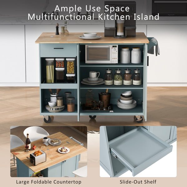 English Elm K&K Kitchen Island with Foldable Countertop, Spacious Mobile Storage Cart, Soft-Close Doors, Durable Rubberwood Top and Locking Wheels Grey-Blue N707P173036G