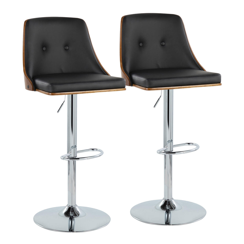 English Elm Gianna Mid-Century Adjustable Swivel Barstools Set of 2 — Walnut Back, Black Faux Leather, Chrome Base B202S00879