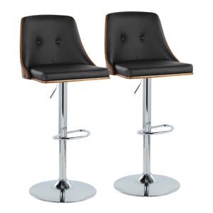 English Elm Gianna Mid-Century Adjustable Swivel Barstools Set of 2 — Walnut Back, Black Faux Leather, Chrome Base B202S00879
