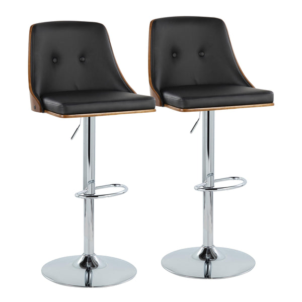 English Elm Gianna Mid-Century Adjustable Swivel Barstools Set of 2 — Walnut Back, Black Faux Leather, Chrome Base B202S00879