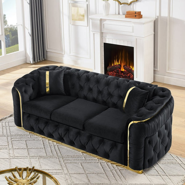 English Elm 2pcs Italian Velvet Chesterfield Sofa Set Tufted Three Seater with Gold Steel Legs W1191S00069