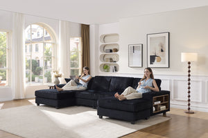 English Elm Convertible U-Shaped Sofa In Soft Corduroy Fabric - Modern 4-Seater For Stylish Living Room Comfort W1793S00033