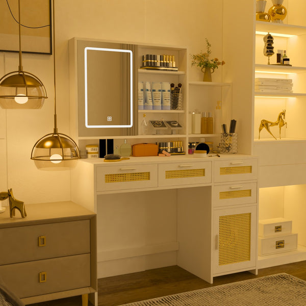 English Elm Makeup Vanity with Lights, Openable Mirror & Ample Storage Shelves, 4 Drawers and Cabinet Elegance White W2227P160483