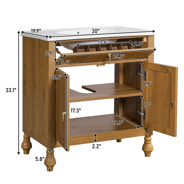 English Elm Christopher Knight Home® - 30-Inch Walnut Vanity with Seashell Resin Sink, Flip-Up Organizer, Soft-Close Doors & Legs Brown N765P33417576B