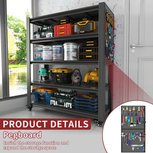English Elm 72"H Heavy Duty 5-Tier Metal Shelving with Pegboards & Lockable Wheels, 2000LB Capacity, Adjustable T2398P313256