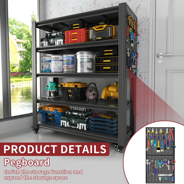 English Elm 72"H Heavy Duty 5-Tier Metal Shelving with Pegboards & Lockable Wheels, 2000LB Capacity, Adjustable T2398P313256