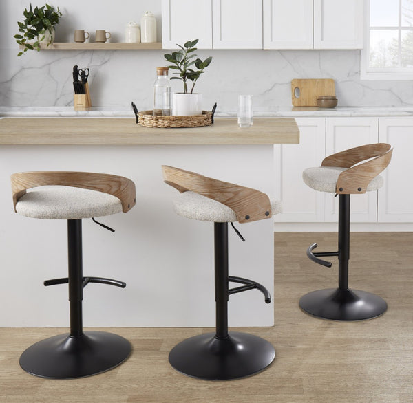English Elm Adjustable Swivel Barstools Set of 3 Chrome Base Natural Wood Green Fabric Seat B202S02017
