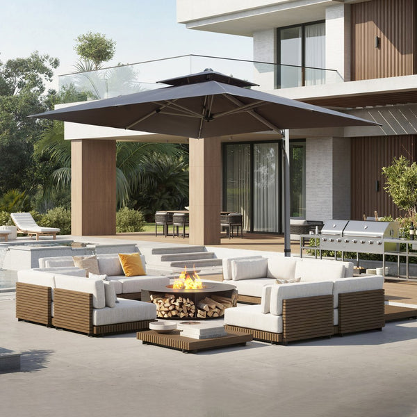 English Elm 9 9 ft Aluminum Cantilever Patio Umbrella with Tilt, Hydraulic Lift, UPF50+ Canopy, Rustproof Frame Gray W1859P337823