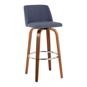 English Elm Toriano 30" Mid-Century Modern Barstool Set Of 2: Stylish Blue Fabric & Walnut Wood With Chrome Footrest B202S00673-GIGA
